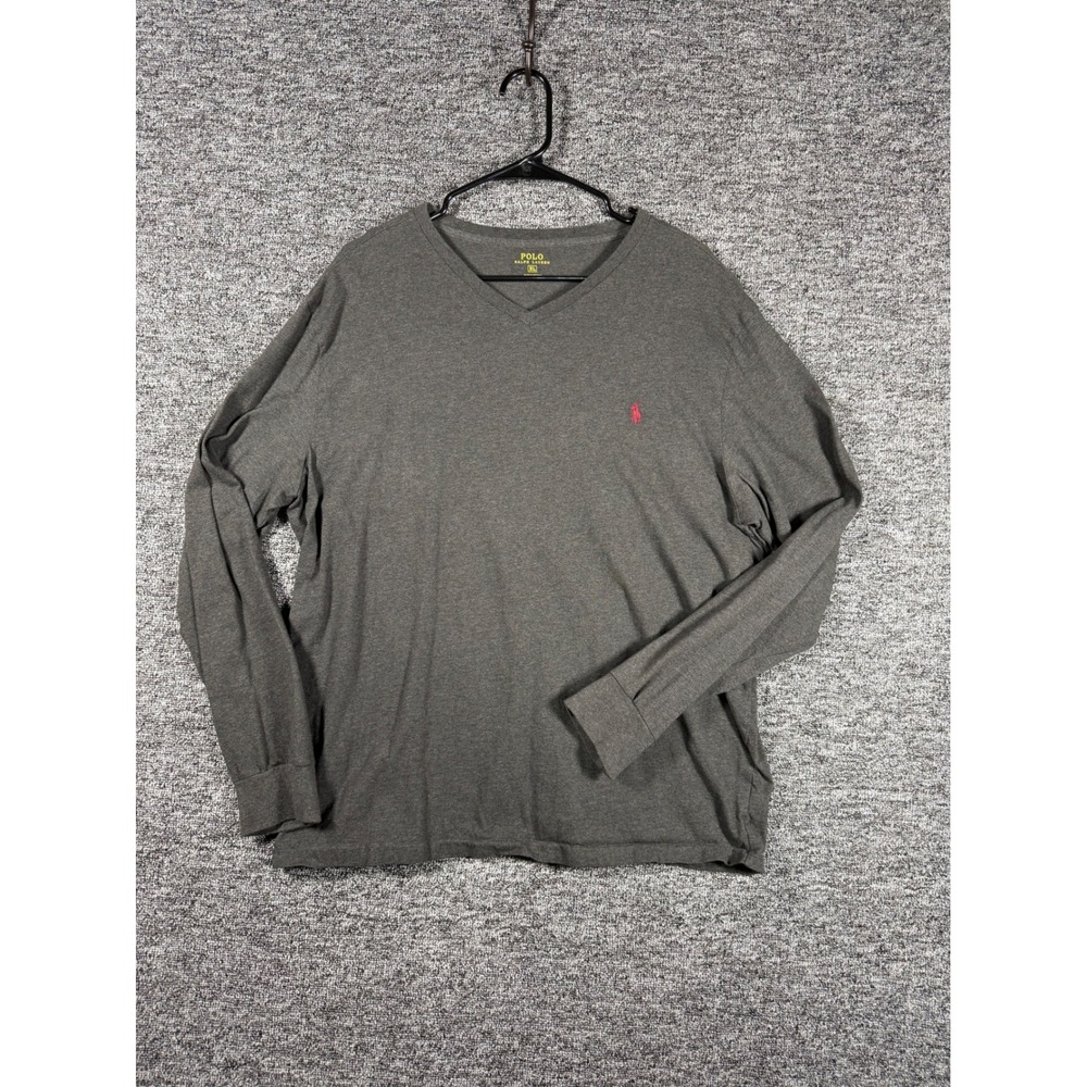 Polo Ralph Lauren Mens XL V-Neck Long Sleeve T-Shirt Charcoal Grey Red Pony Logo
